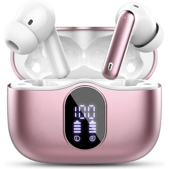Wireless Bluetooth Earbuds Noise Cancelling Mic Waterproof LED Display Pink - Picture 1 of 7